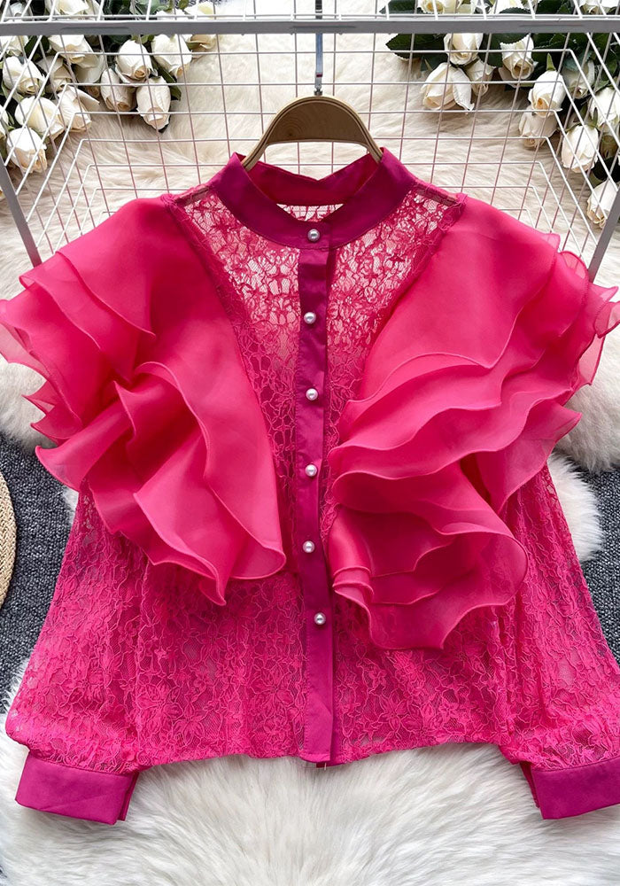 Luxury Ruffles Patchwork Round Neck Pearl Single-Breasted Lace Crop Top