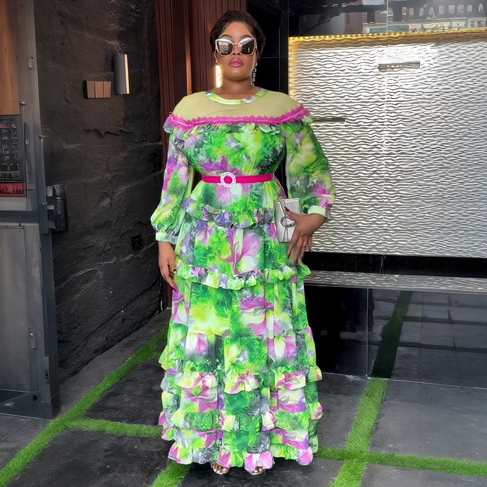 Plus-size African Women ruffled print beaded belt dress 4