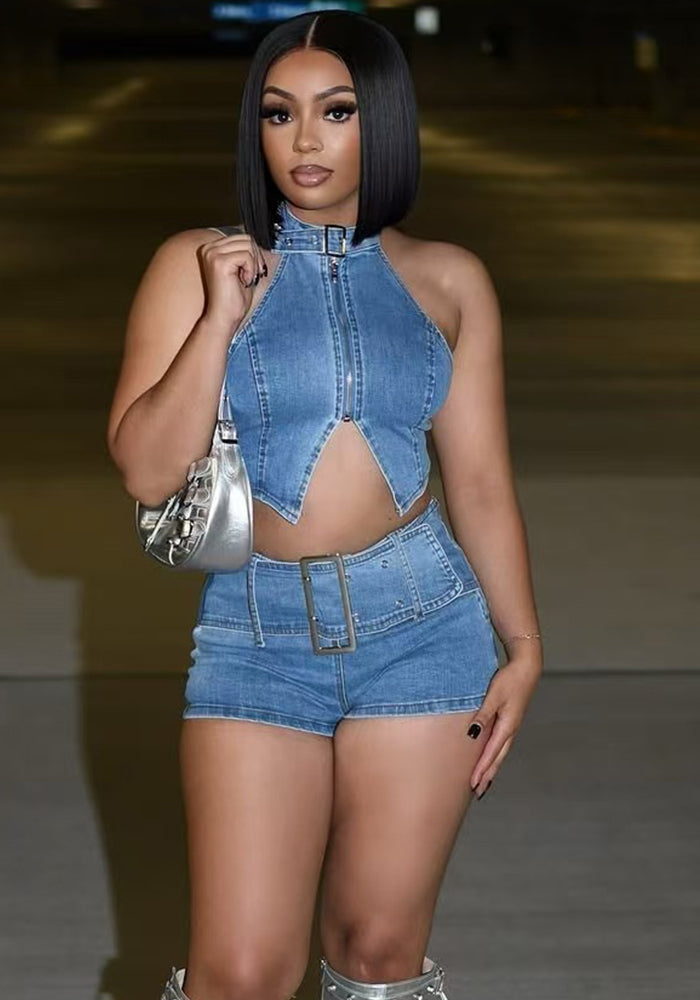Women Denim Halter Neck Lace Top Stretchy Shorts Two-piece Set