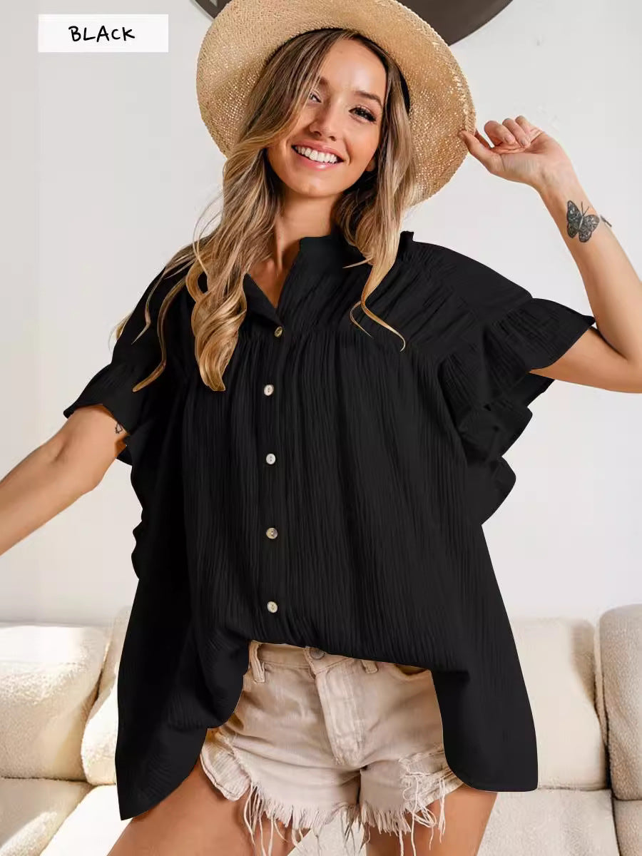 Summer Women's Fashion Stand Collar Ruffle Sleeve Casual Top 9