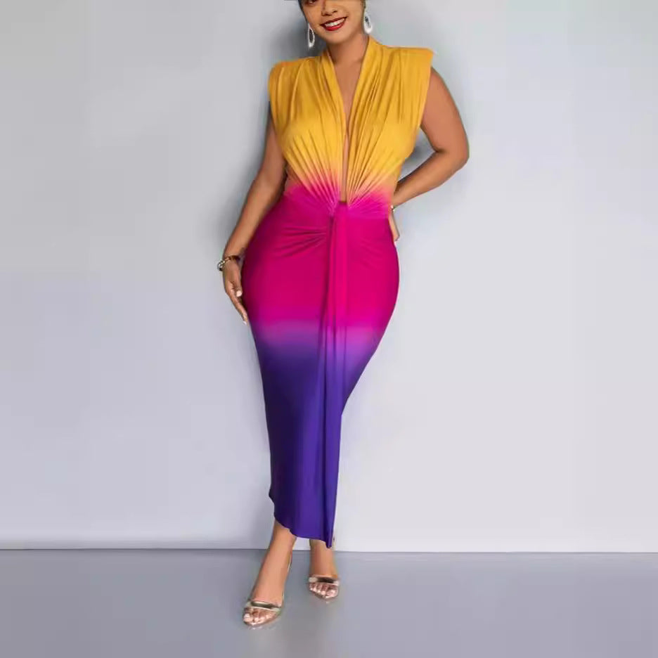 Spring Summer Gradient Print Sleeveless Deep V Neck Long Tight Fitting Bodycon Dress