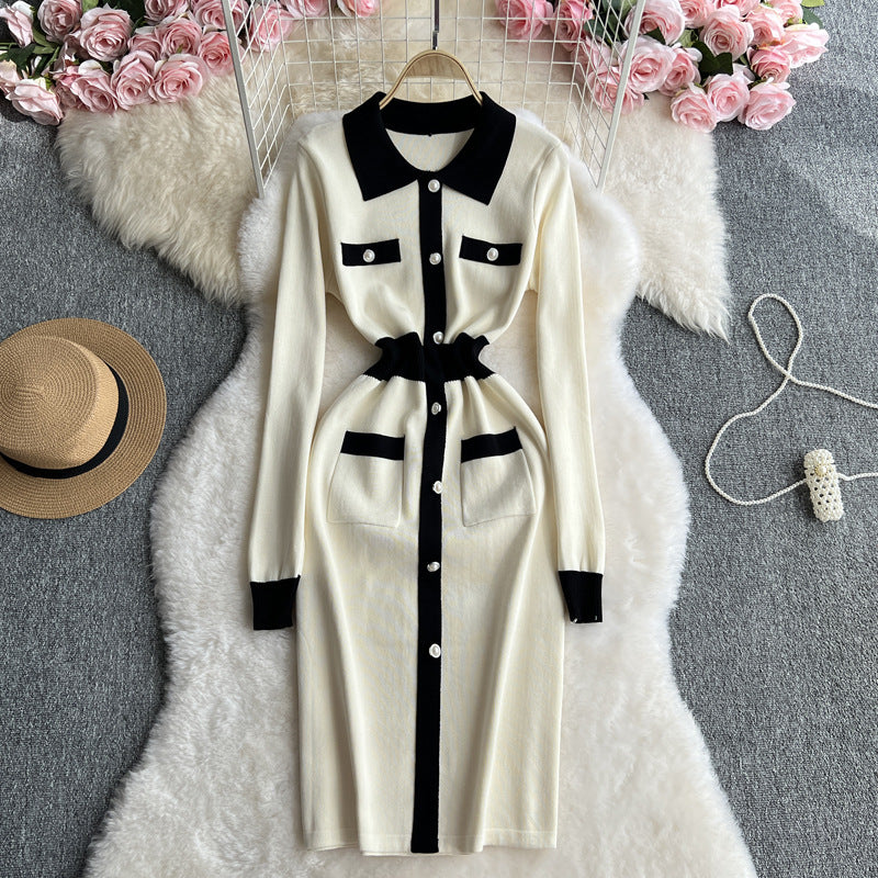 Women contrasting long-sleeved Knitting dress 4