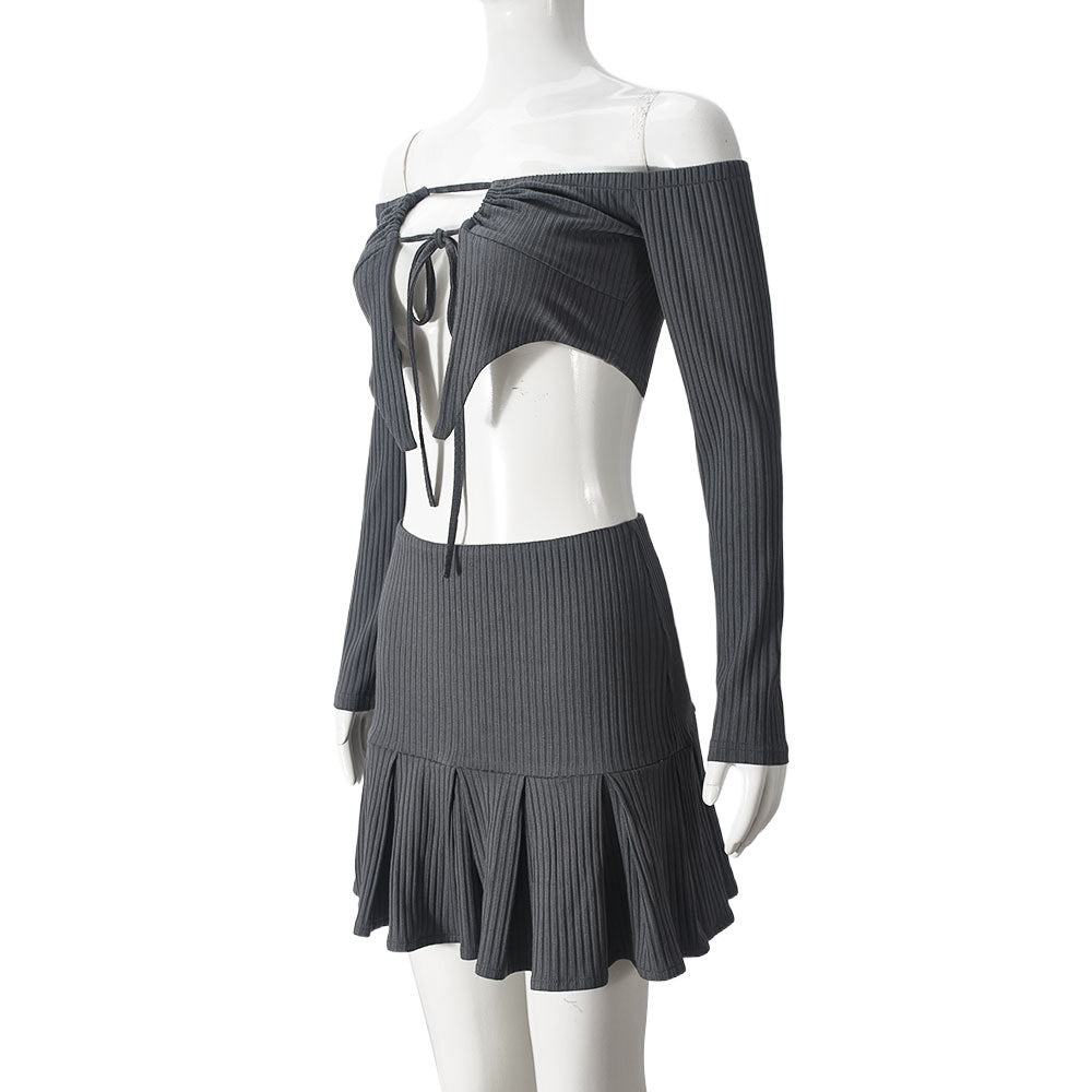 Women Sexy Hollow Off Shoulder Lace-Up Top and Skirt Two Piece Set 7