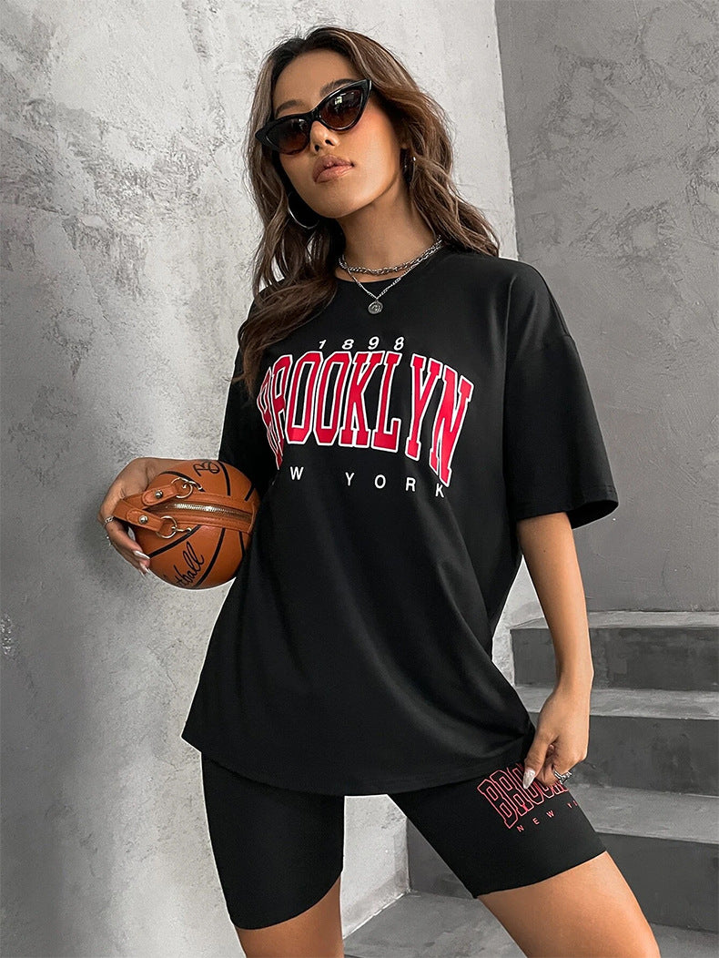 Women Loose Printed Short Sleeve T-Shirt and Shorts Casual Two-piece Set