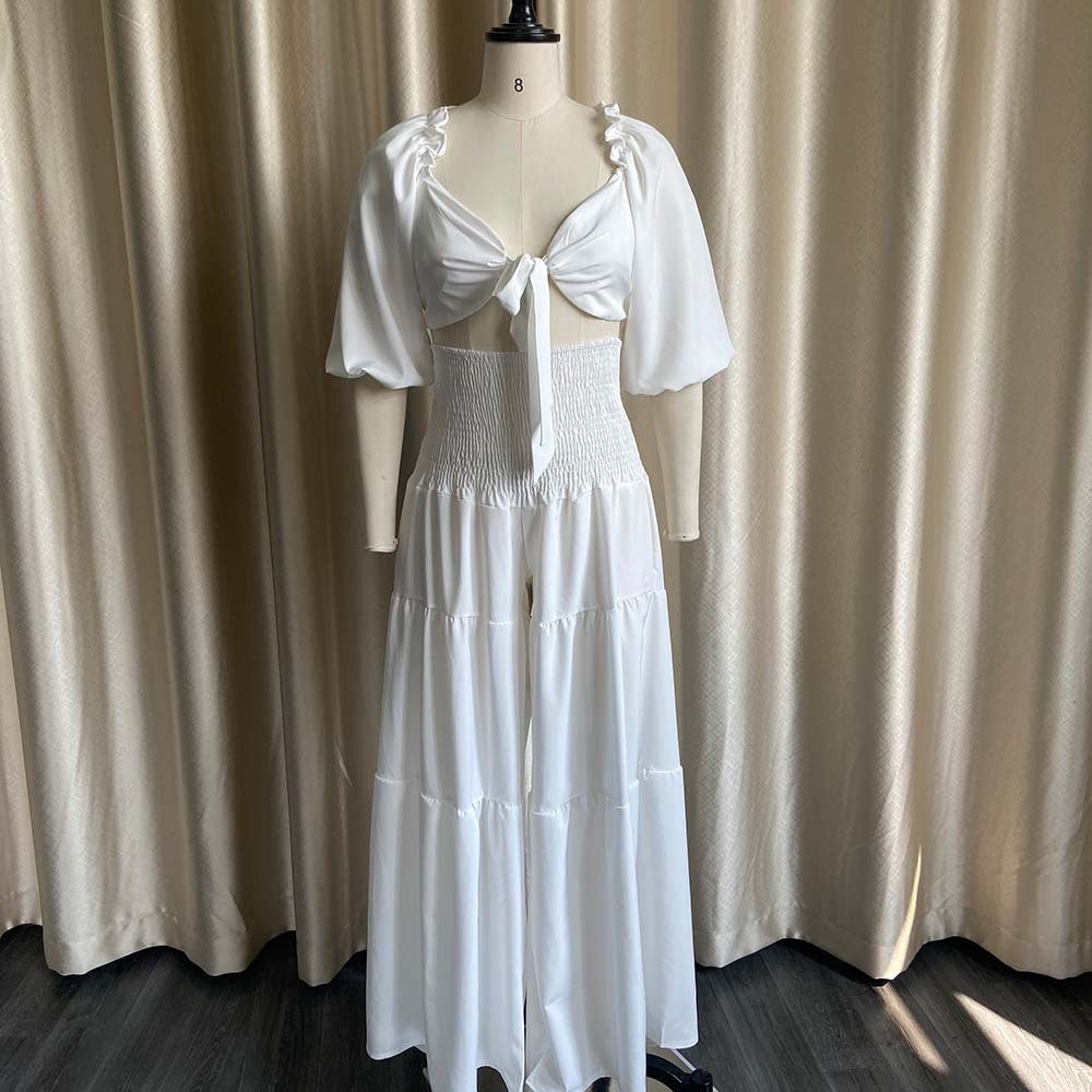 Women Spring Casual V-neck Sleeveless High Waist Solid Cascading Ruffle Loose Plus Size Two Piece Pants Set 10