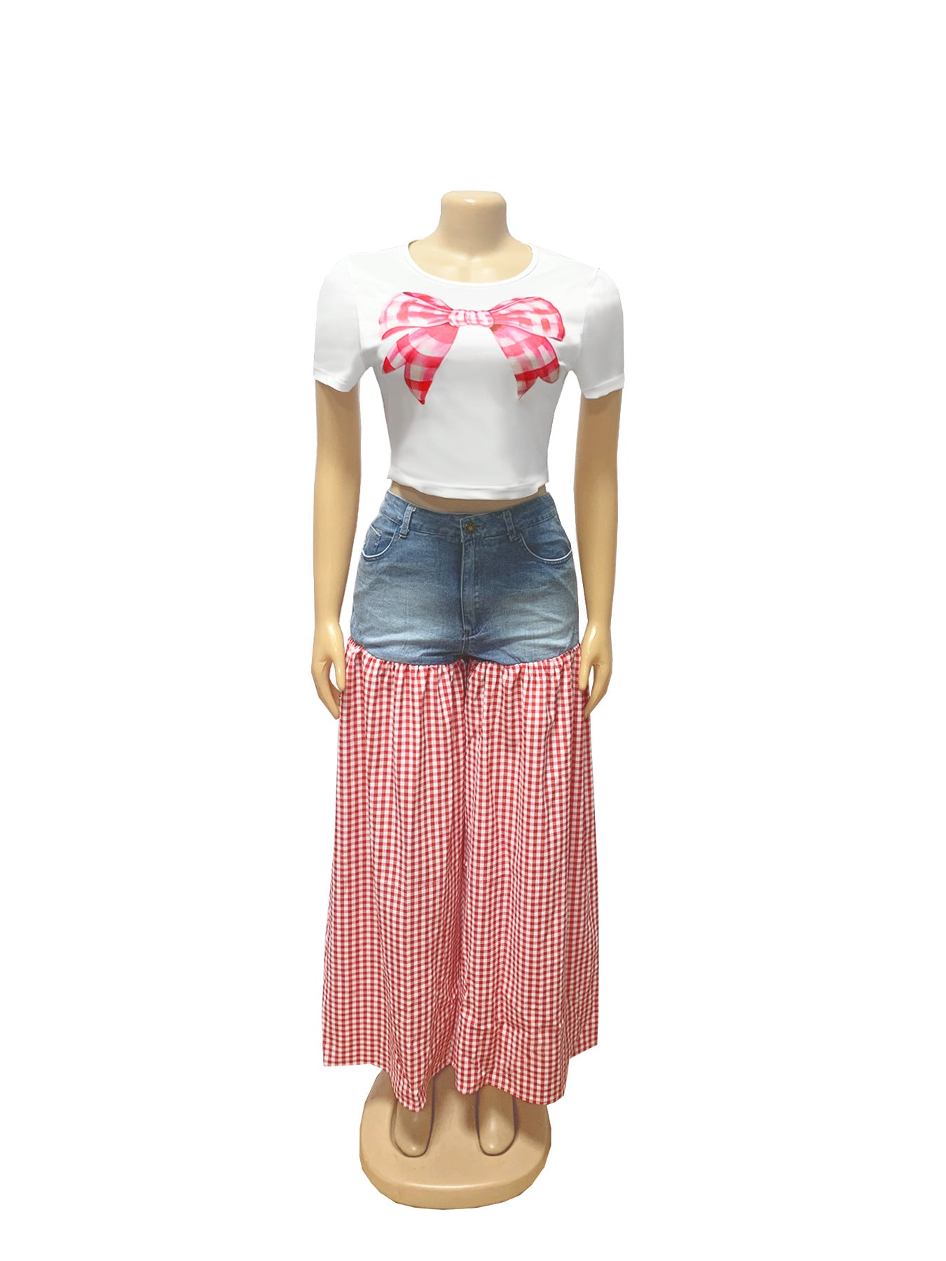 Women Patchwork Plaid Print T-shirt Casual Wide Leg Pants Two-piece Set 18