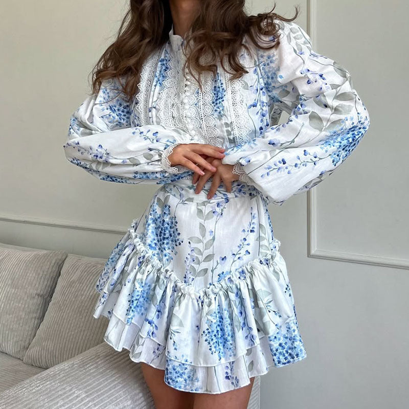 Women summer blue and white printed stand-collar puff sleeve long-sleeved ruffle dress 5