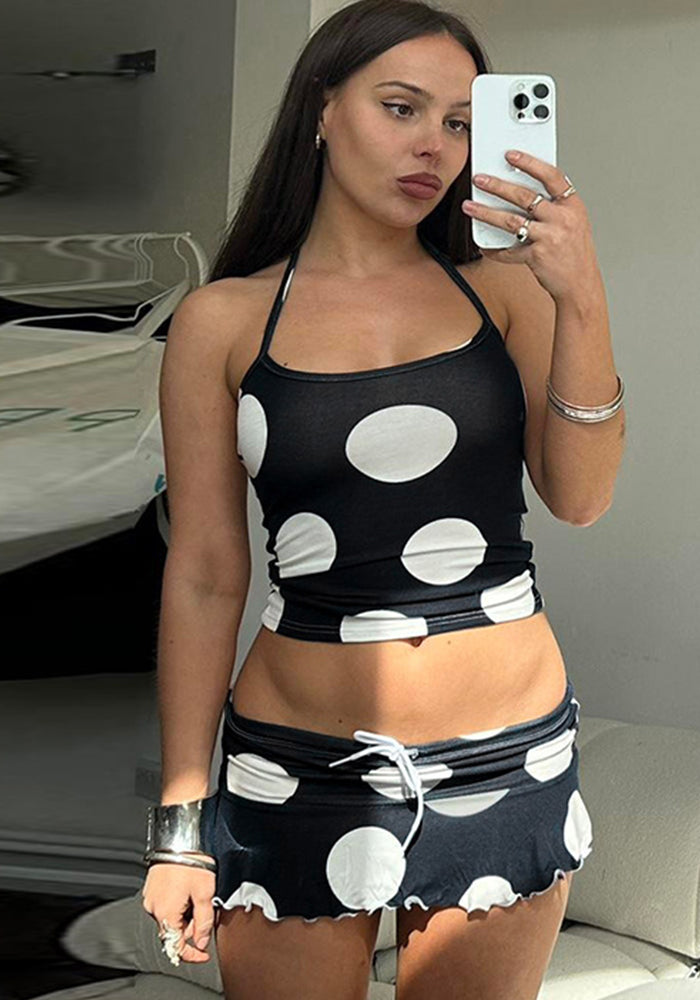 Polka Dot Black And White Contrast Print Halter Neck Crop Strap Top Drawstring High Waist Ruffle Skirt Casual Sexy Two Piece Set
