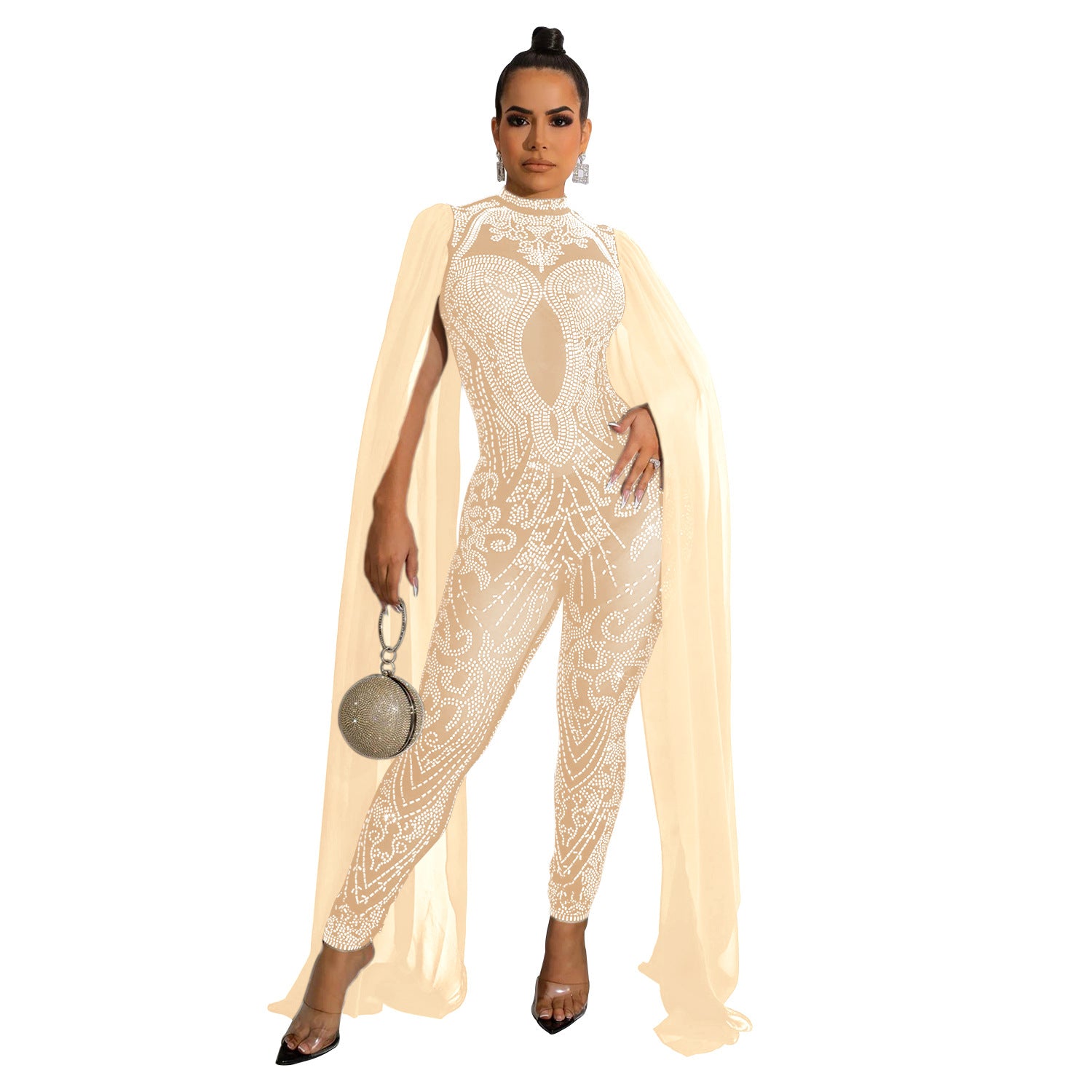Women Beaded Mesh See-Through Slit Sleeve Jumpsuit 13