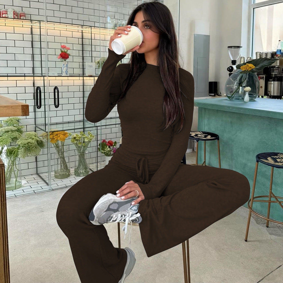 Women Autumn and Winter Crop Long Sleeve Top Lace Bell Bottom PantTwo Piece Set 17