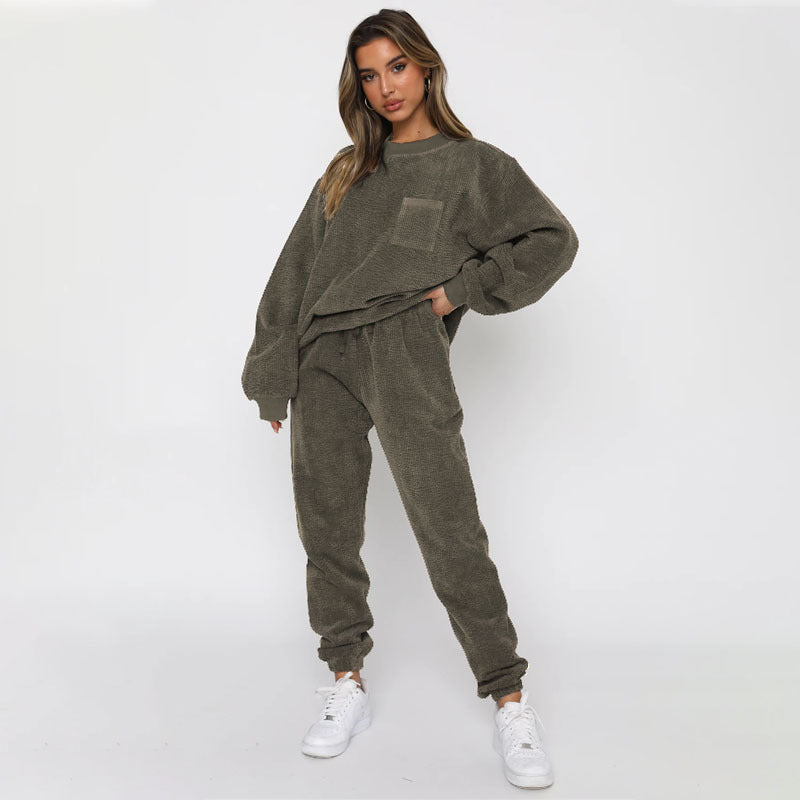 corduroy solid color Round Neck pullover long-sleeved two-piece fashion trouser suit women 8
