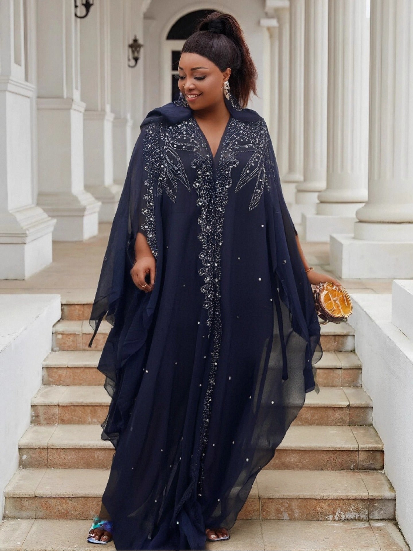 Women Bat Sleeves See-Through Mesh Beaded Beaded Cape Hooded Cape Dress 4