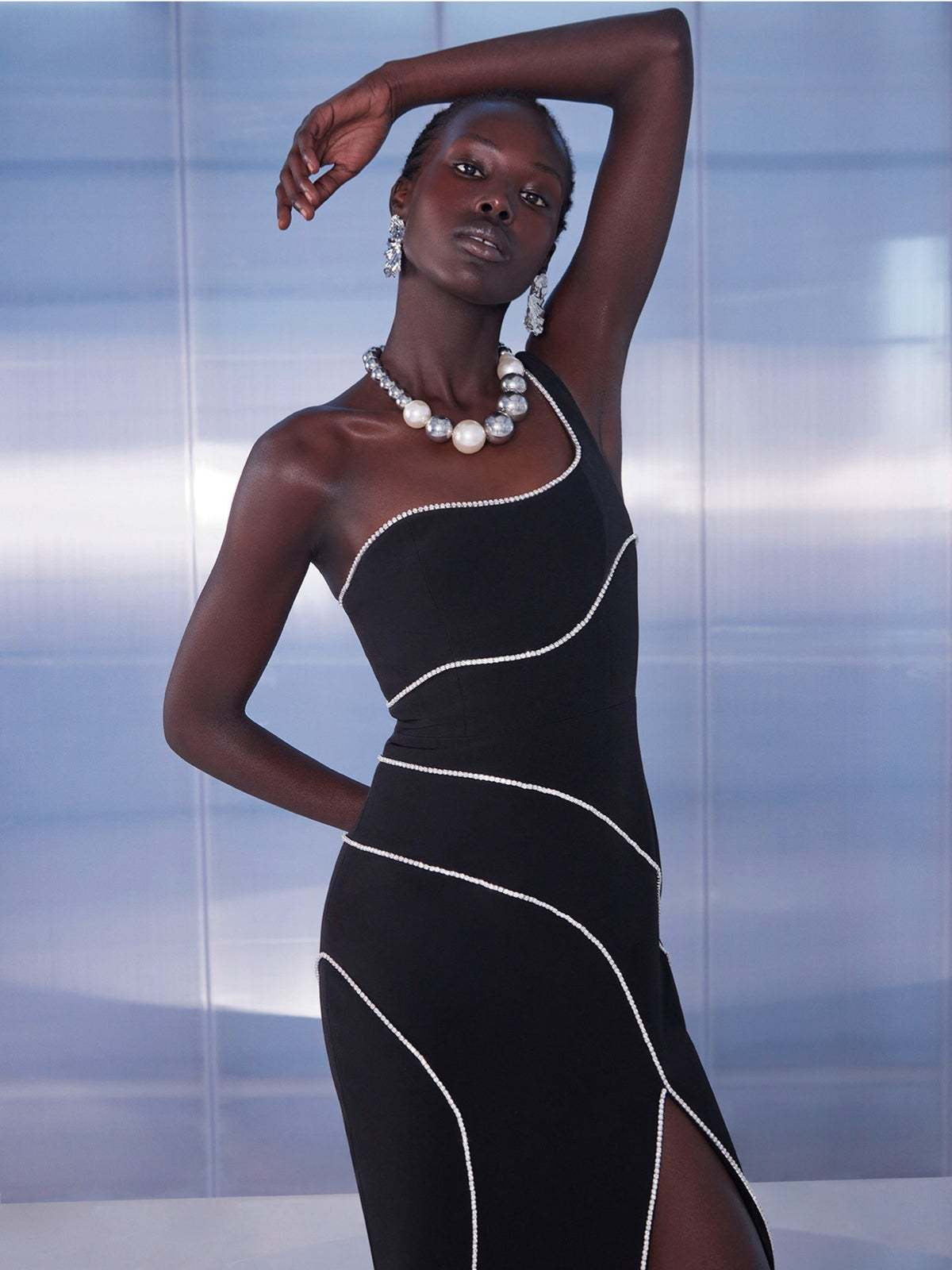 One-shoulder diamond split sexy elegant women's party evening dress 5