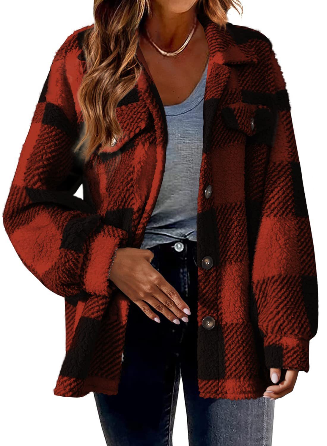 Women's Autumn And Winter Plaid Pockets Button Plush Jacket 9
