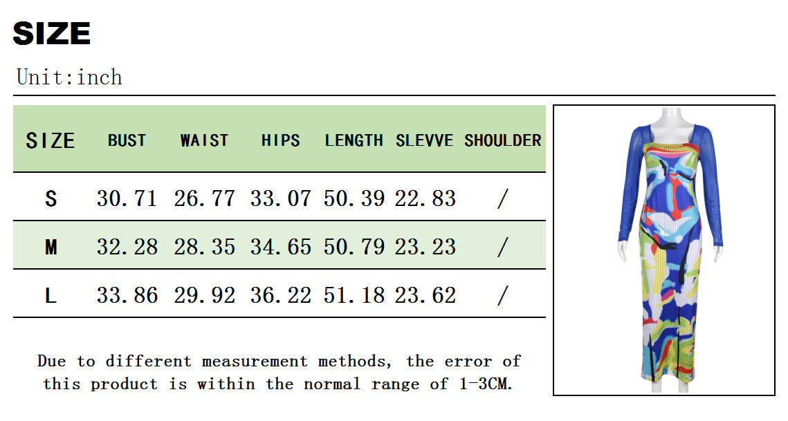 Women's Mesh Long Sleeve Square Neck Printed Dress 13