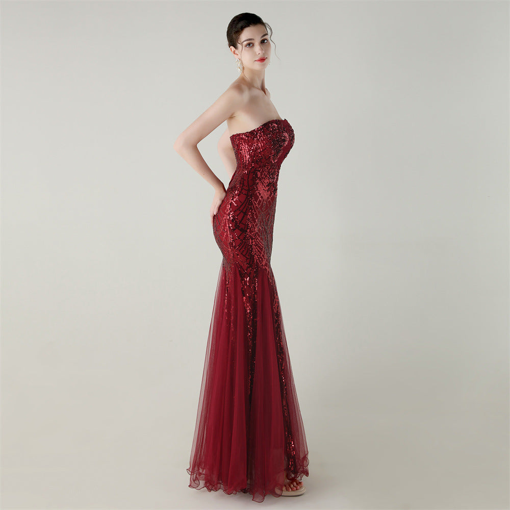 Women Strapless cross Lace-Up sequined tube flower sequined mesh evening dress Formal Party evening dress 92