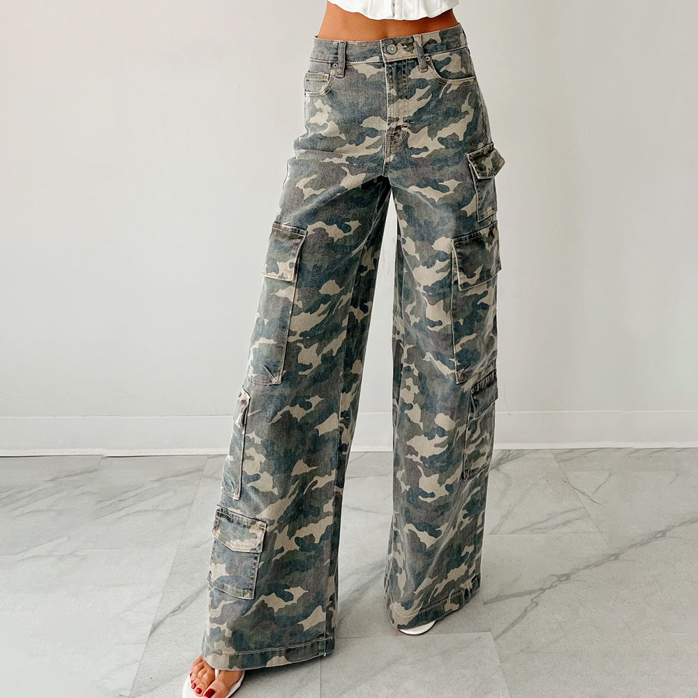 Women Fall/Winter Cargo Pocket Casual Camouflage Wide-Leg Pant