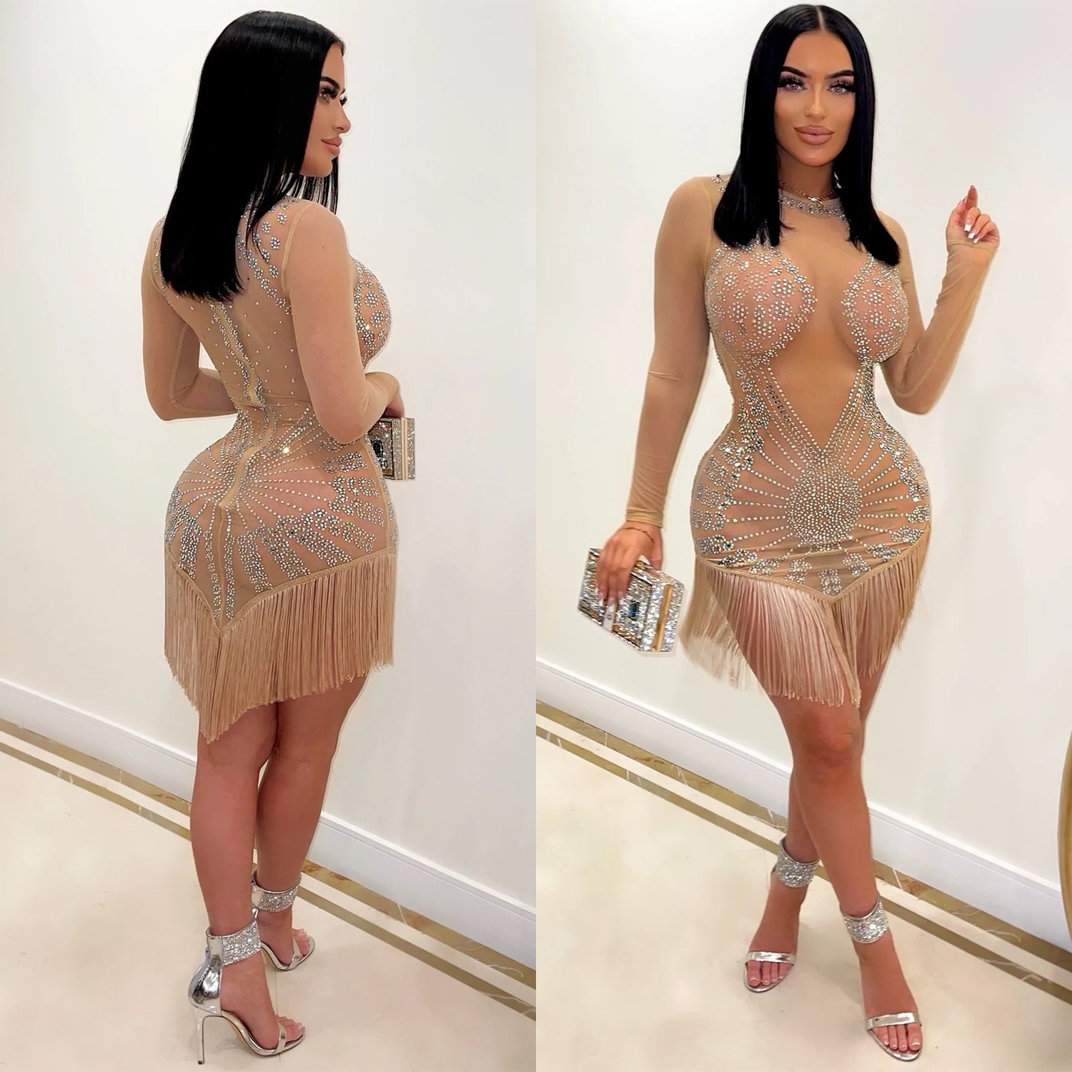 Summer Women's Fashion Sexy Mesh Beaded Fringe Long Sleeve Ladies Dress 4