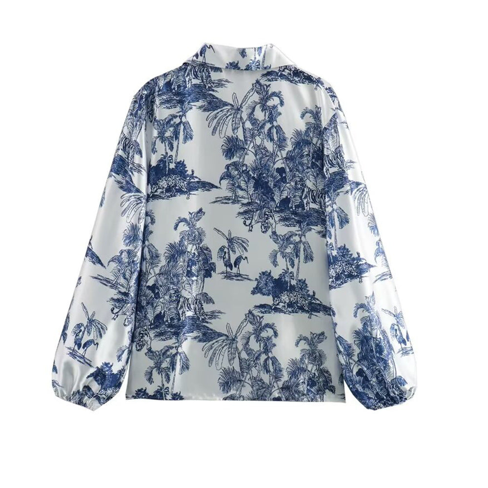 Summer Women loose long-sleeved printed shirt And Pant two-piece set 5