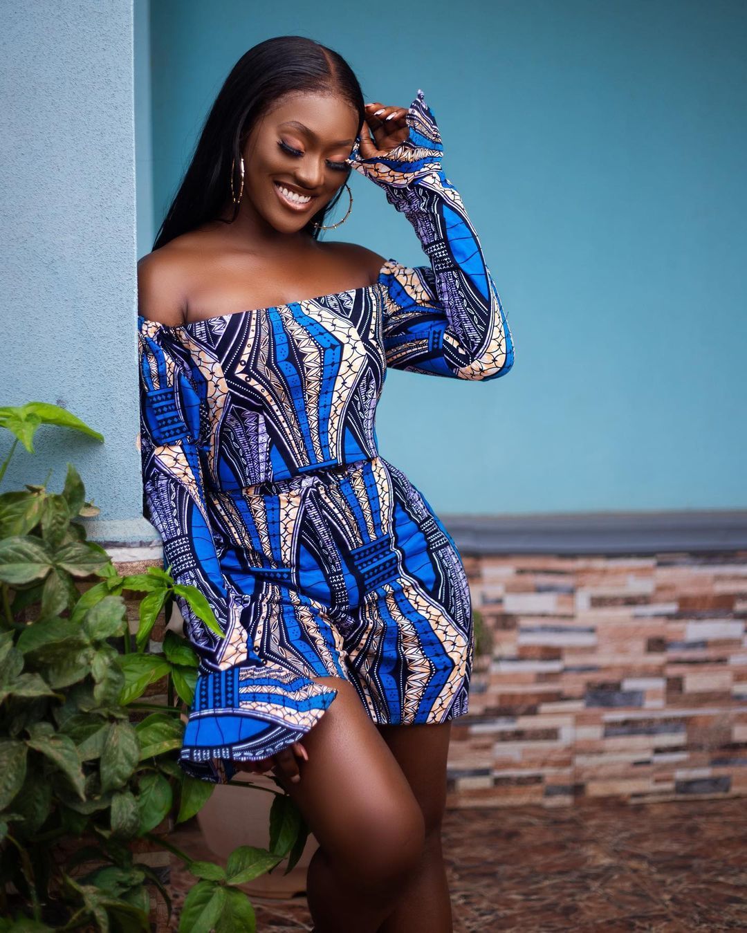 Summer Sexy Blue Long Sleeve Printed Fashion Casual Shorts Set