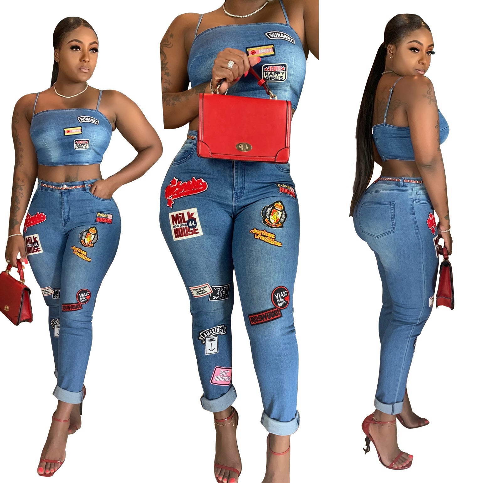 Women Sexy Cartoon Denim Top and Pant Set