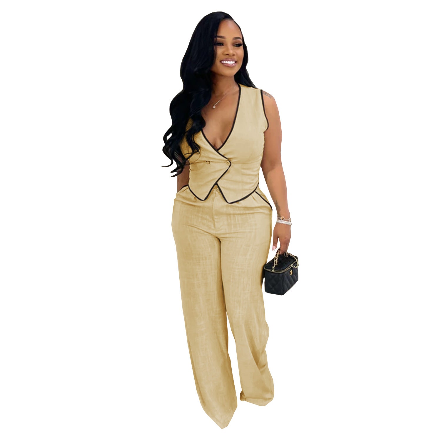 Women casual v-neck button top and trousers two-piece suit 10