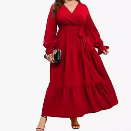 Plus Size Women V-Neck Long Sleeve Pleated Dress 3