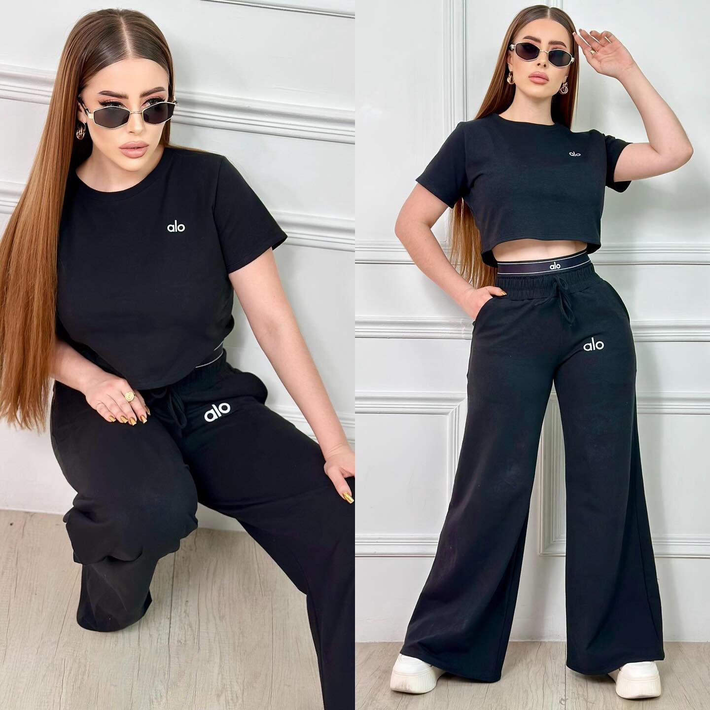 Casual Embroidered Letter Printed Crop T-shirt High-Waist Wide-Leg Pants Set 3