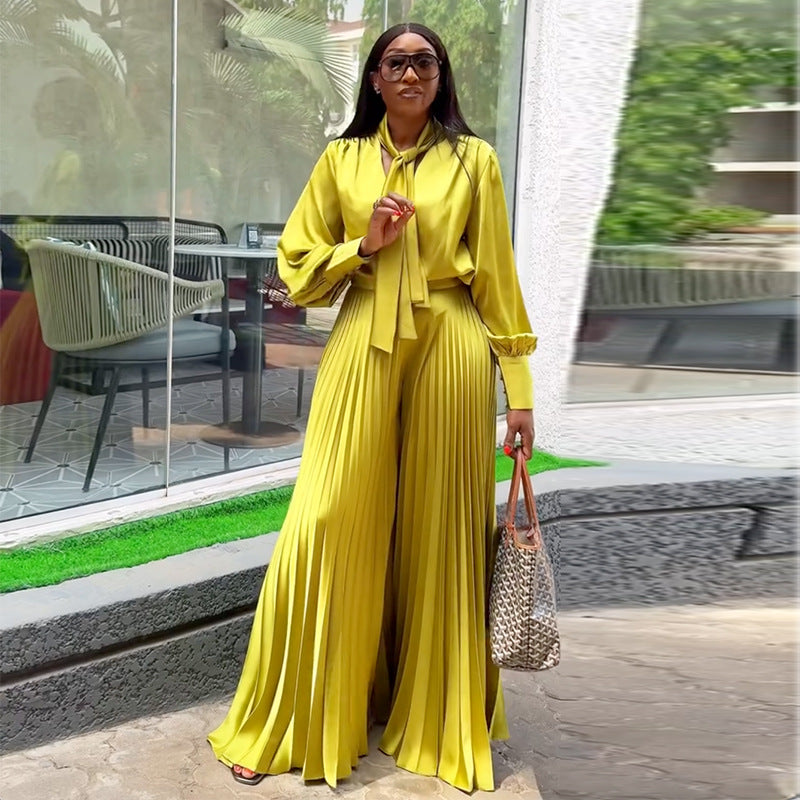 Women Summer Lace-up V-Neck Lantern Sleeve Shirt and Pleated Wide Leg Pants Two Piece Set 5