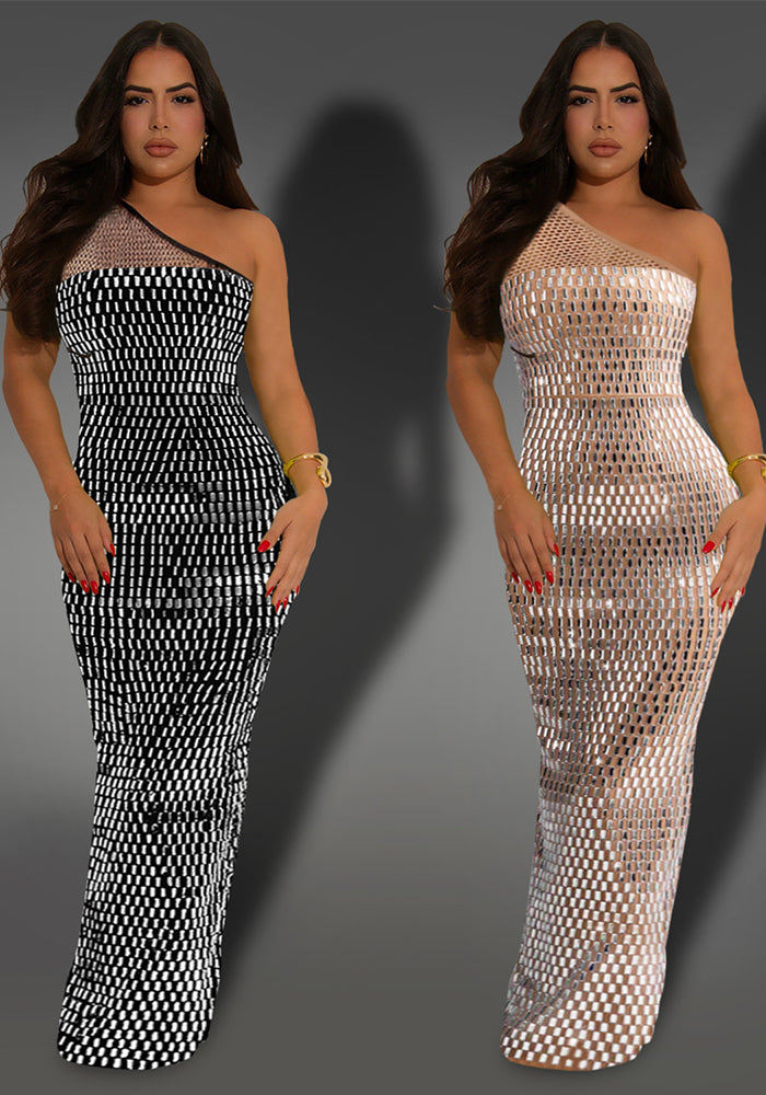 Fashion Women's Sexy Mesh Beaded Slash-Shoulder Sleeveless Long Dress