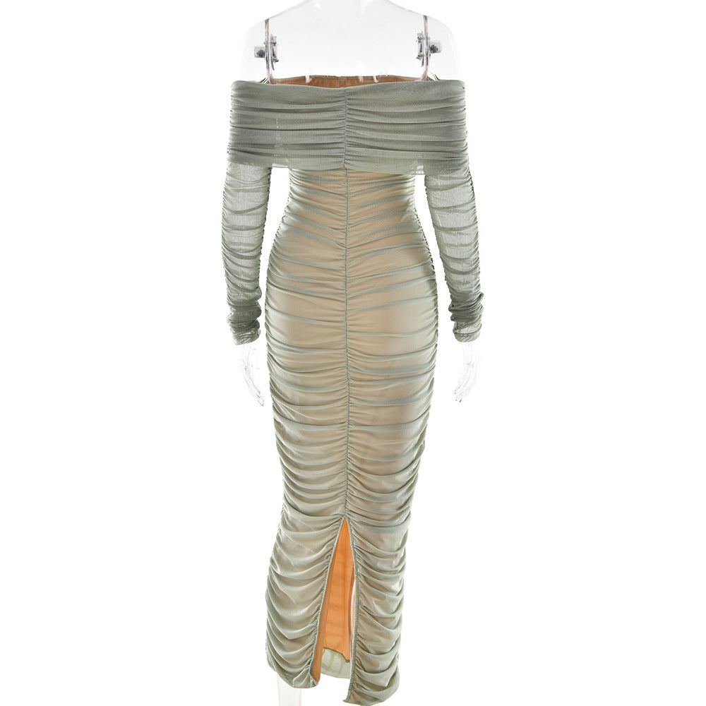 Women Autumn Bodycon Sexy Mesh Off Shoulder Gathered Dress 14