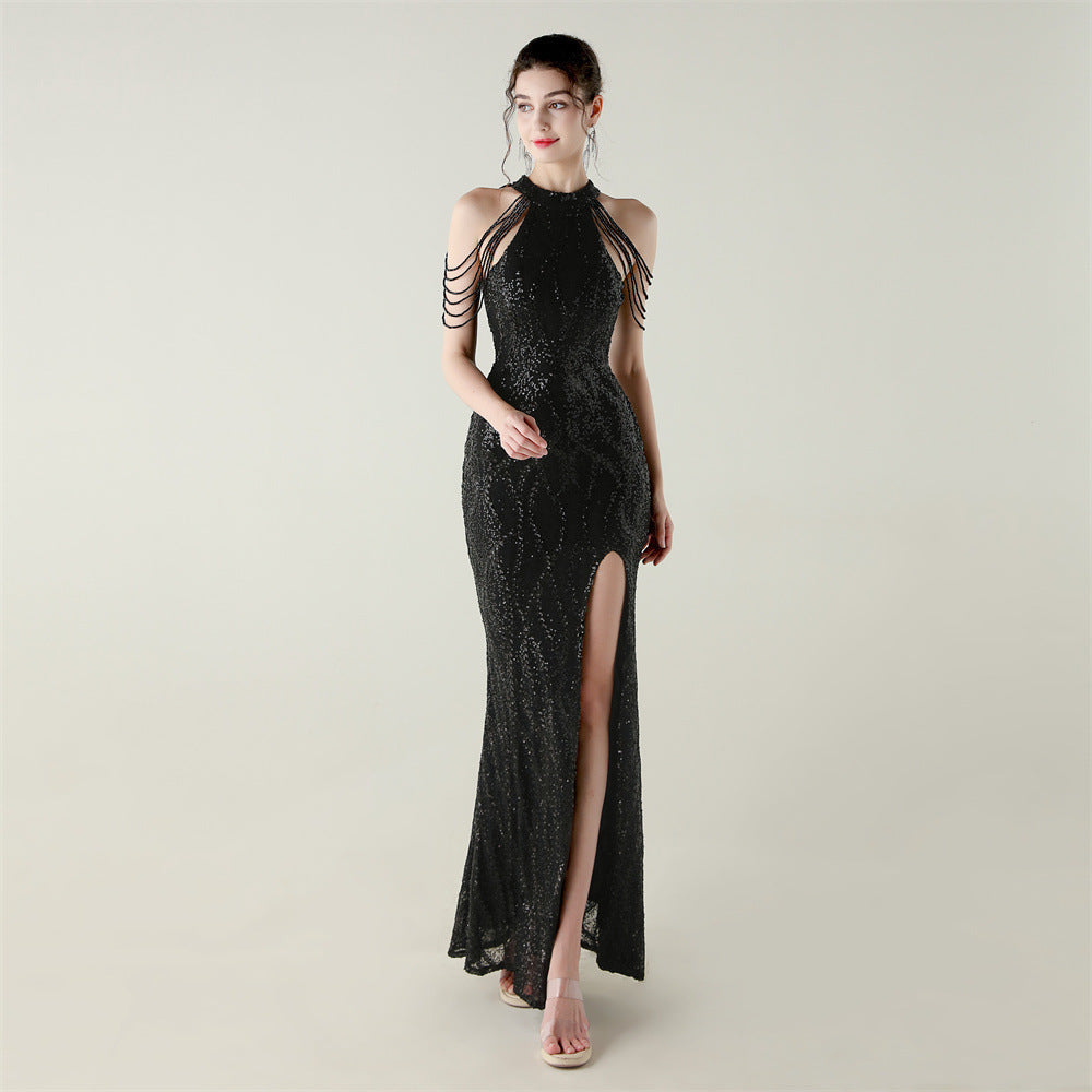 Sequin Beaded Off-Shoulder Halter Fishtail Evening Dress