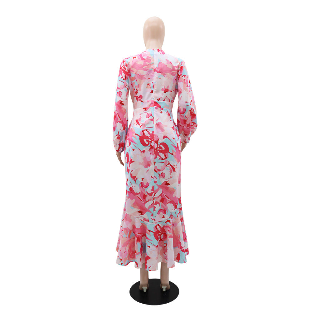 Women V-Neck Bubble Long Sleeve Irregular Ruffle Dress 5