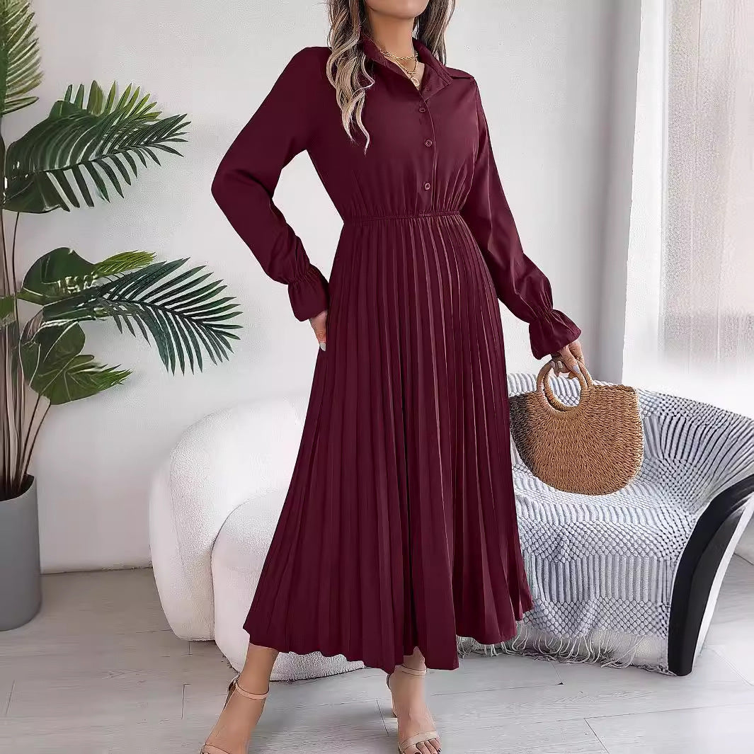Autumn Winter Casual Turndown Collar Button Long Sleeve Slim Waist Pleated Women's Long Dress 7