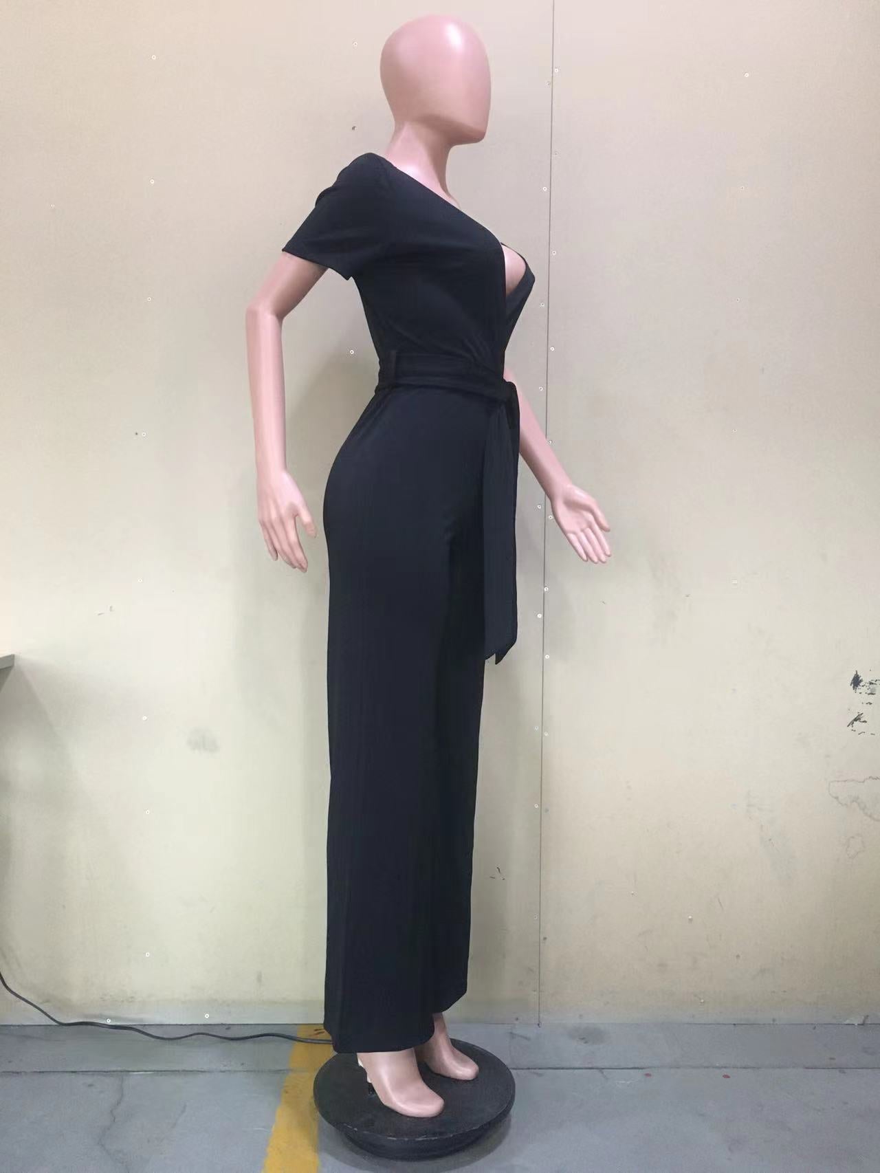 Summer Short Sleeve Wrap V-Neck Solid Loose Jumpsuit 11