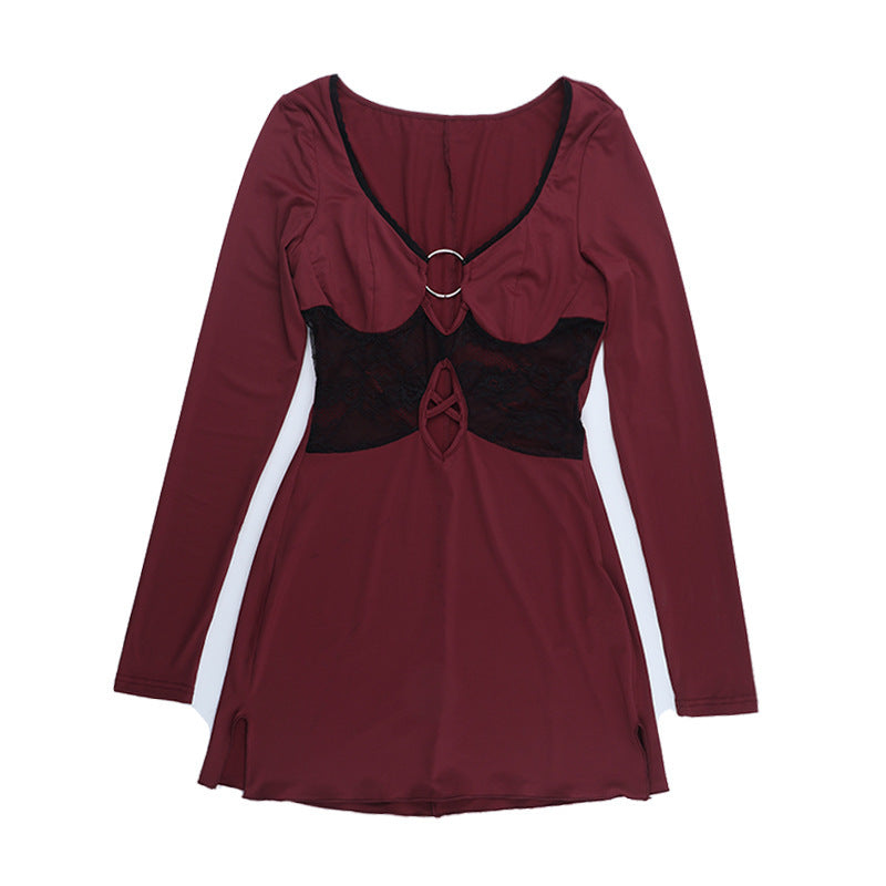 Women Fall/Winter Sexy Cutout Lace Patchwork Long-sleeved dress 10