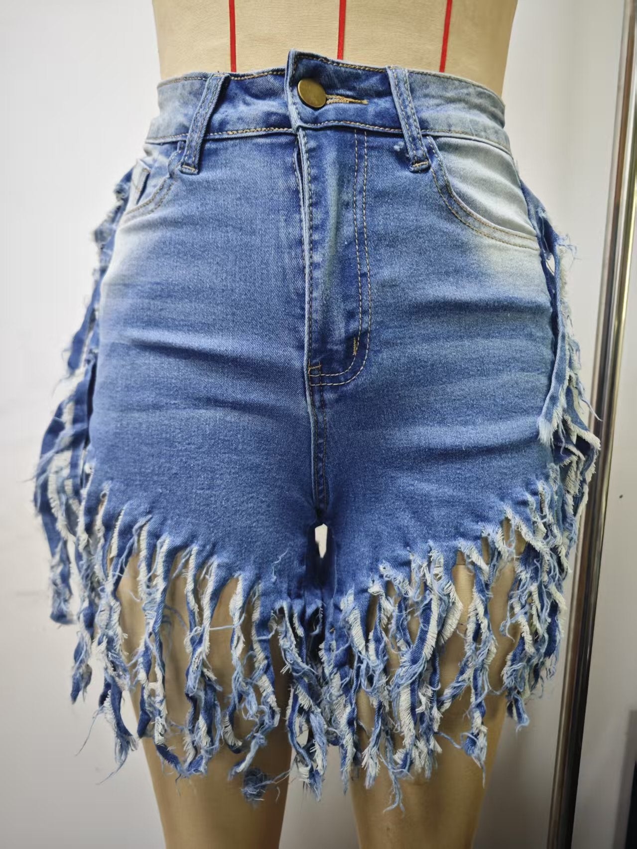 Women trendy sexy tassel button-down denim shorts 7