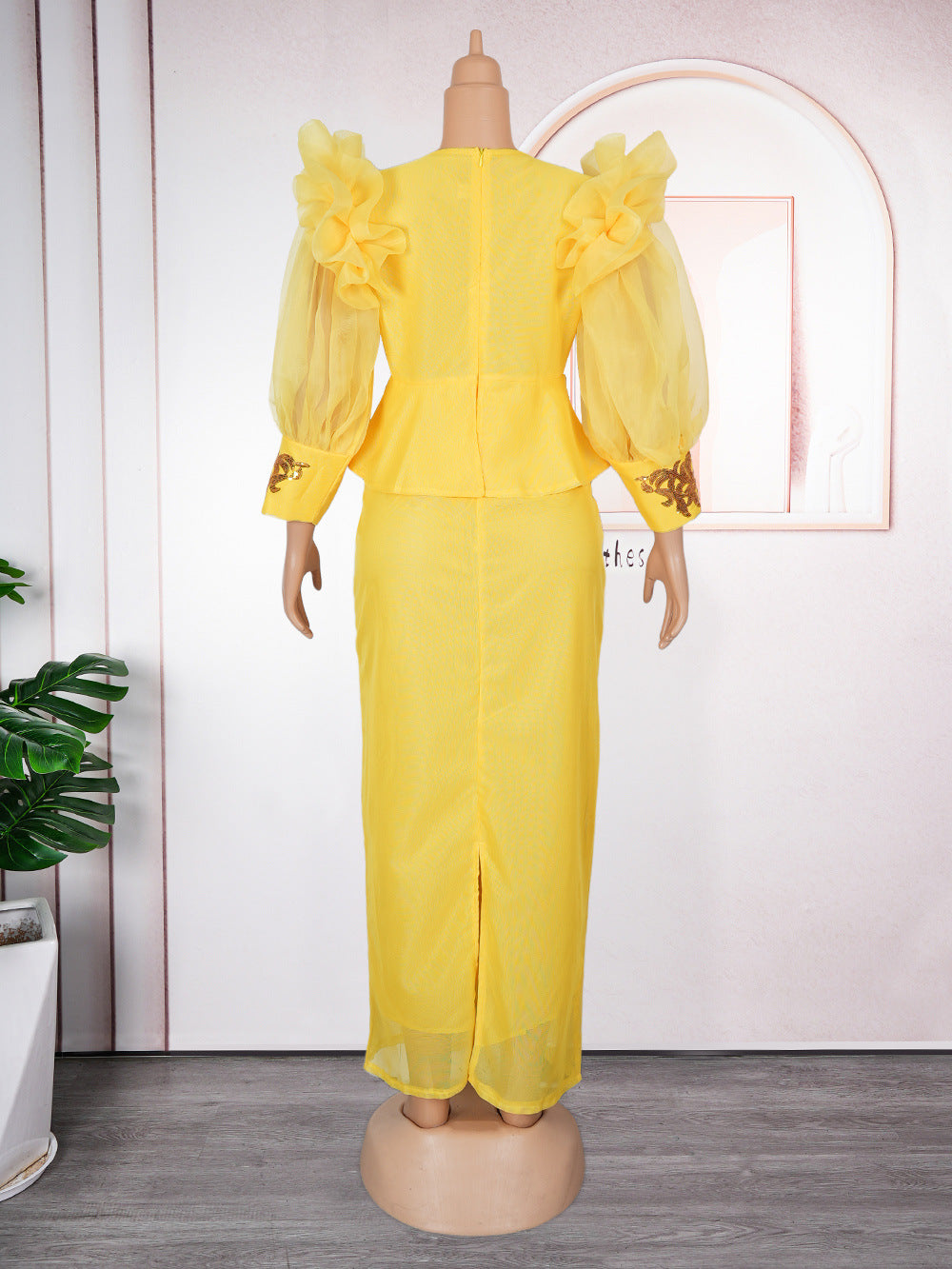 African Plus Size Women's Clothing Patchwork Bubble Sleeve Sequined High Waist Evening Dress 10