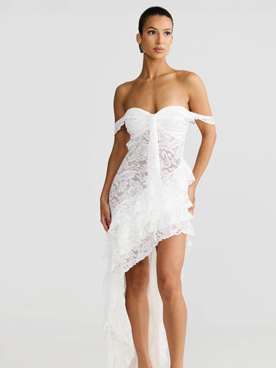 Summer Women's Sexy Lace See-Through Irregular Strapless Dress 9