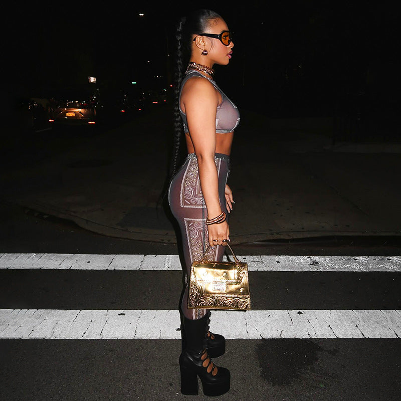 Fashion Summer Sexy See-Through Sleeveless Vest Butt Lift Basic Pants Two Piece Set 5