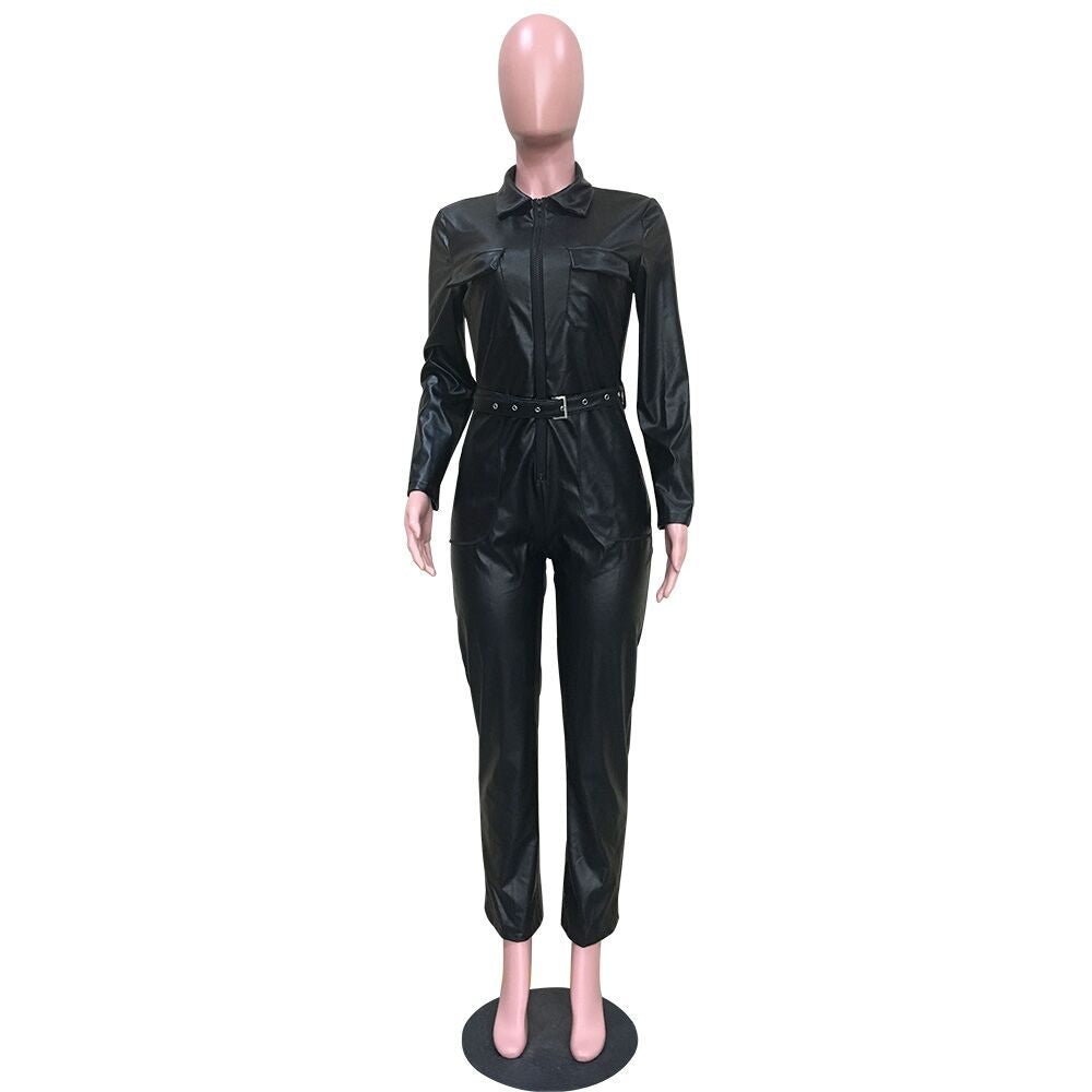 Women's PU Leather Pocket Turn-Down Collar Jumpsuit 9