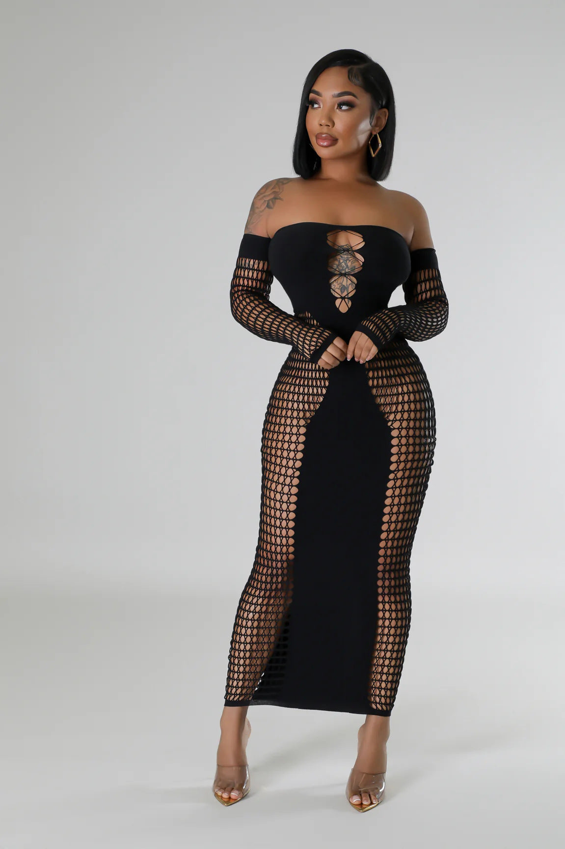 Off Shoulder Long Sleeve Stretch See Through Sexy Dress