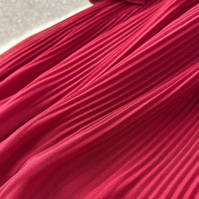 Spring Women's Bow Pleated Chiffon Puff Sleeve Long Dress 14