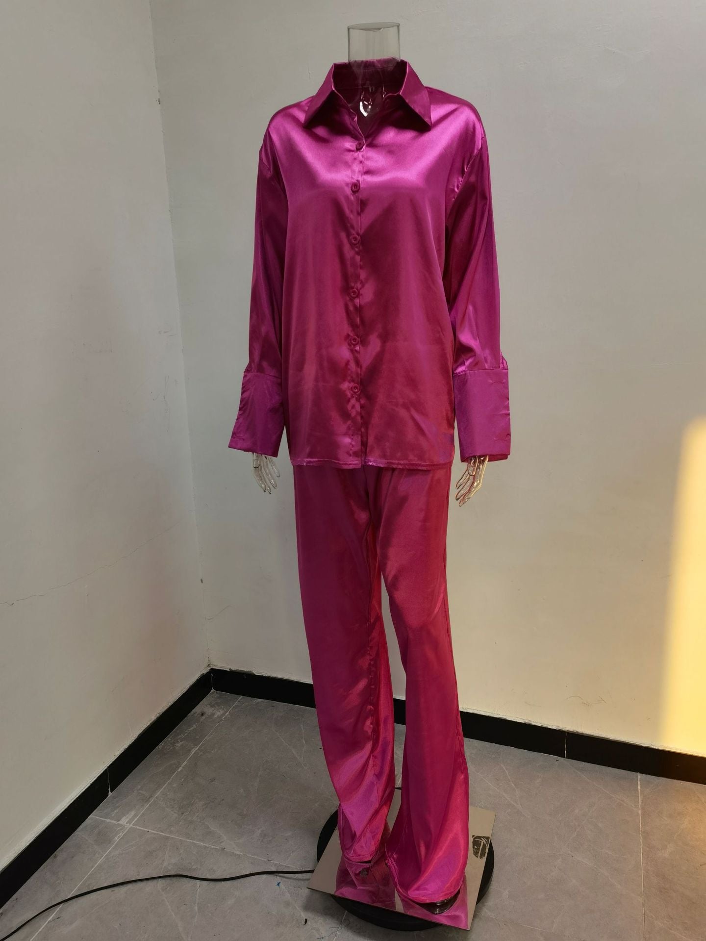 Solid Color Satin Long Sleeve Casual Two Piece Pants Set Trendy Lounge Wear 25