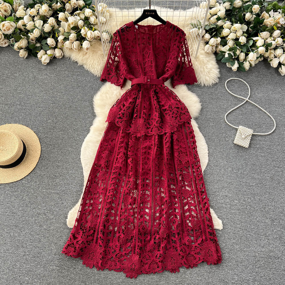 Women French-Style Short-Sleeved Openwork Lace Dress 7