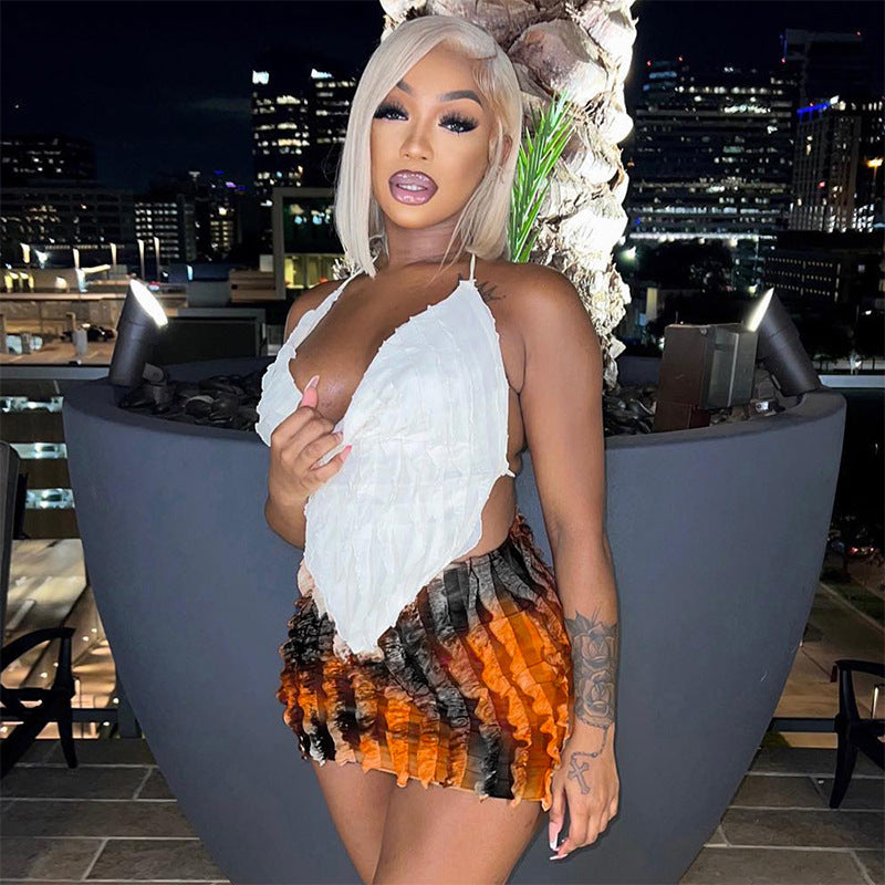 Women wave strip Halter Neck Backless Lace-Up Suspender Top Sexy Skirt two-piece set