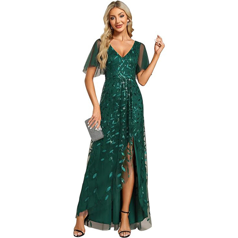 Elegant Embroidered Sequined Prom Dress Ruffle Sleeve Fishtail Long Evening Dress 15