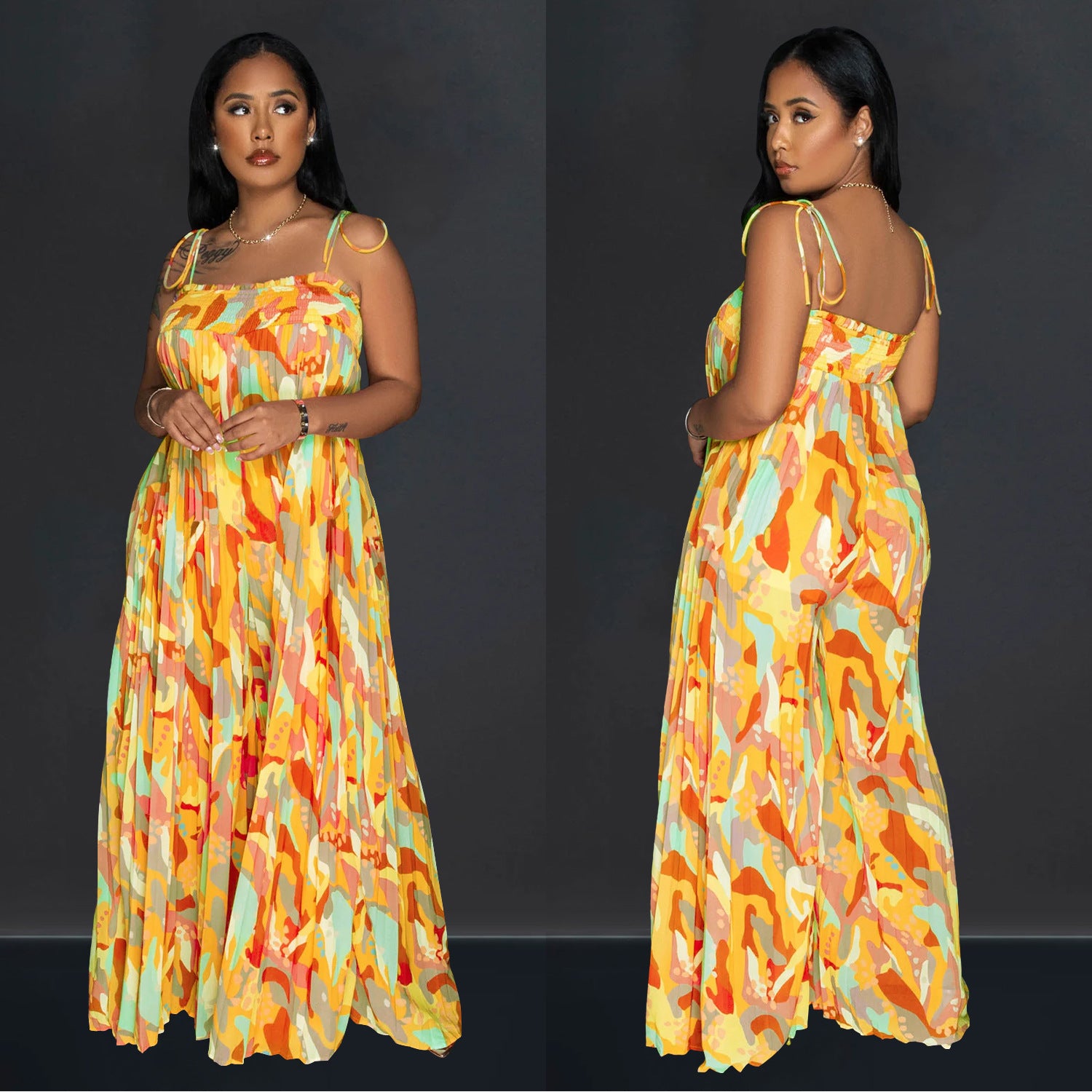 Women Sexy Printed Suspender Pleated Wide Leg Jumpsuit 8