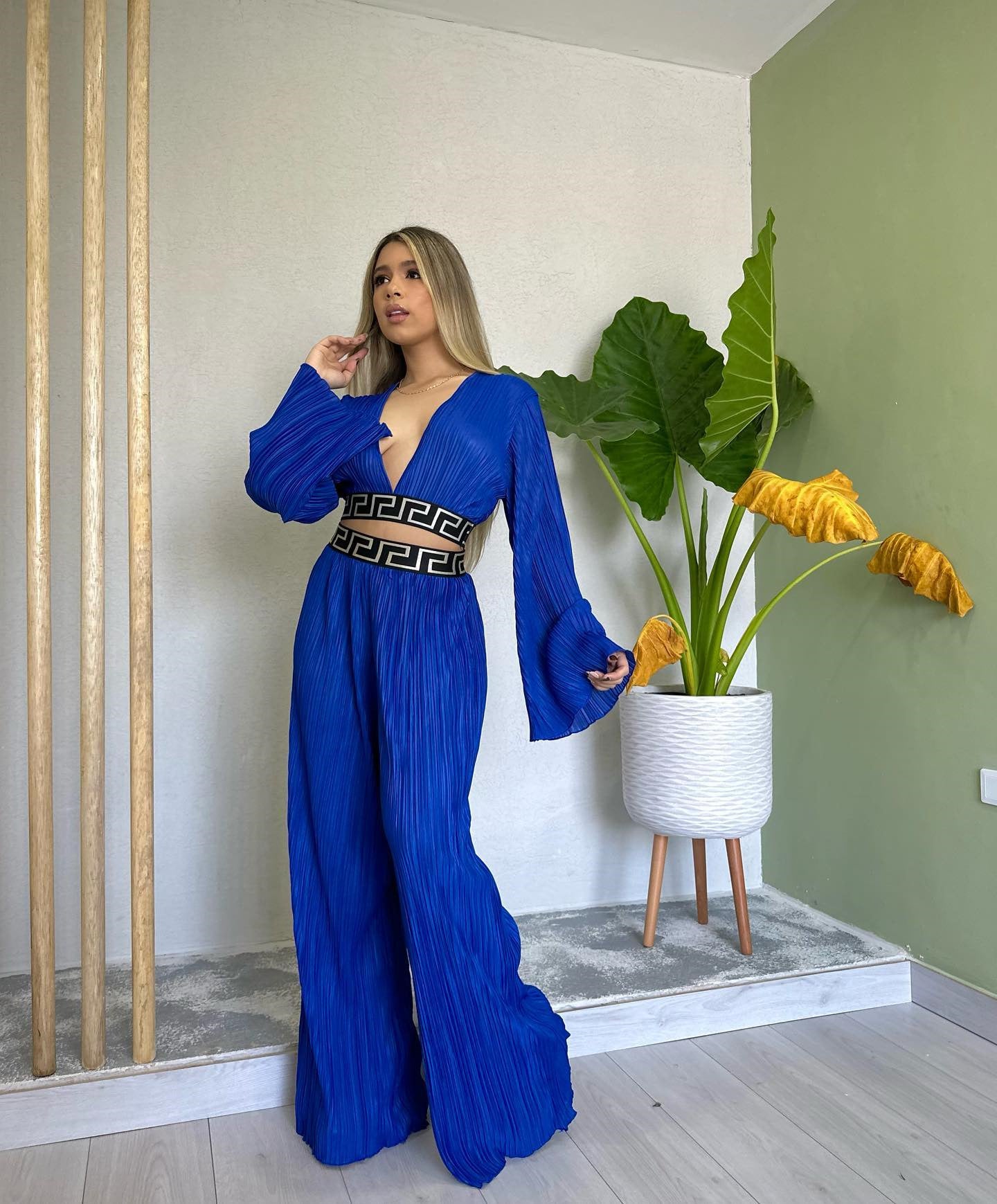 Women's Sweet Pleated V-Neck Bell Bottom Sleeve Shirt Wide Leg Pants Casual Suit 14