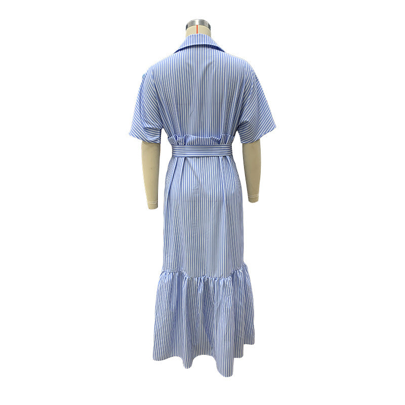 Women Chic Stripe Turndown Collar Maxi Dress 7